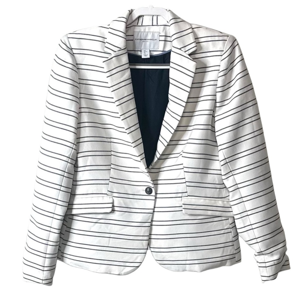 Katherine Barclay Nautical Striped Anchor Button Blazer White Navy Womens Large